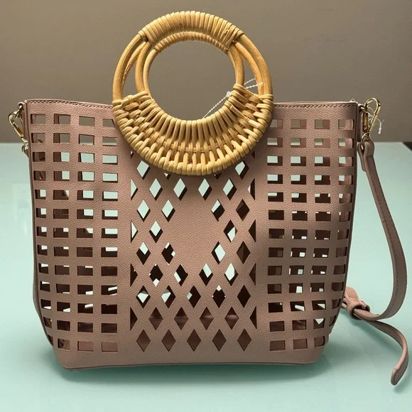 NWT Madison West Blush Laser-Cut Tote Bag with Rattan Handles - Picture 5 of 6